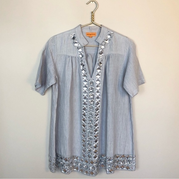 Stunning Gray 100% linen tunic top hand sewn Crystal embellishments NWOT M - Picture 1 of 10